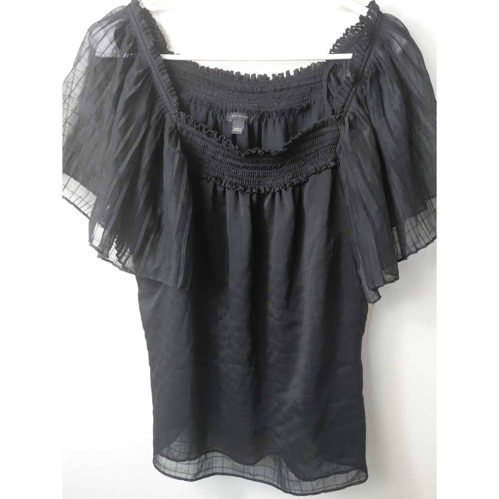 Ann Taylor Black Chiffon Short Sleeve Blouse Women's Sz‎ Large Boho Y2k Festival